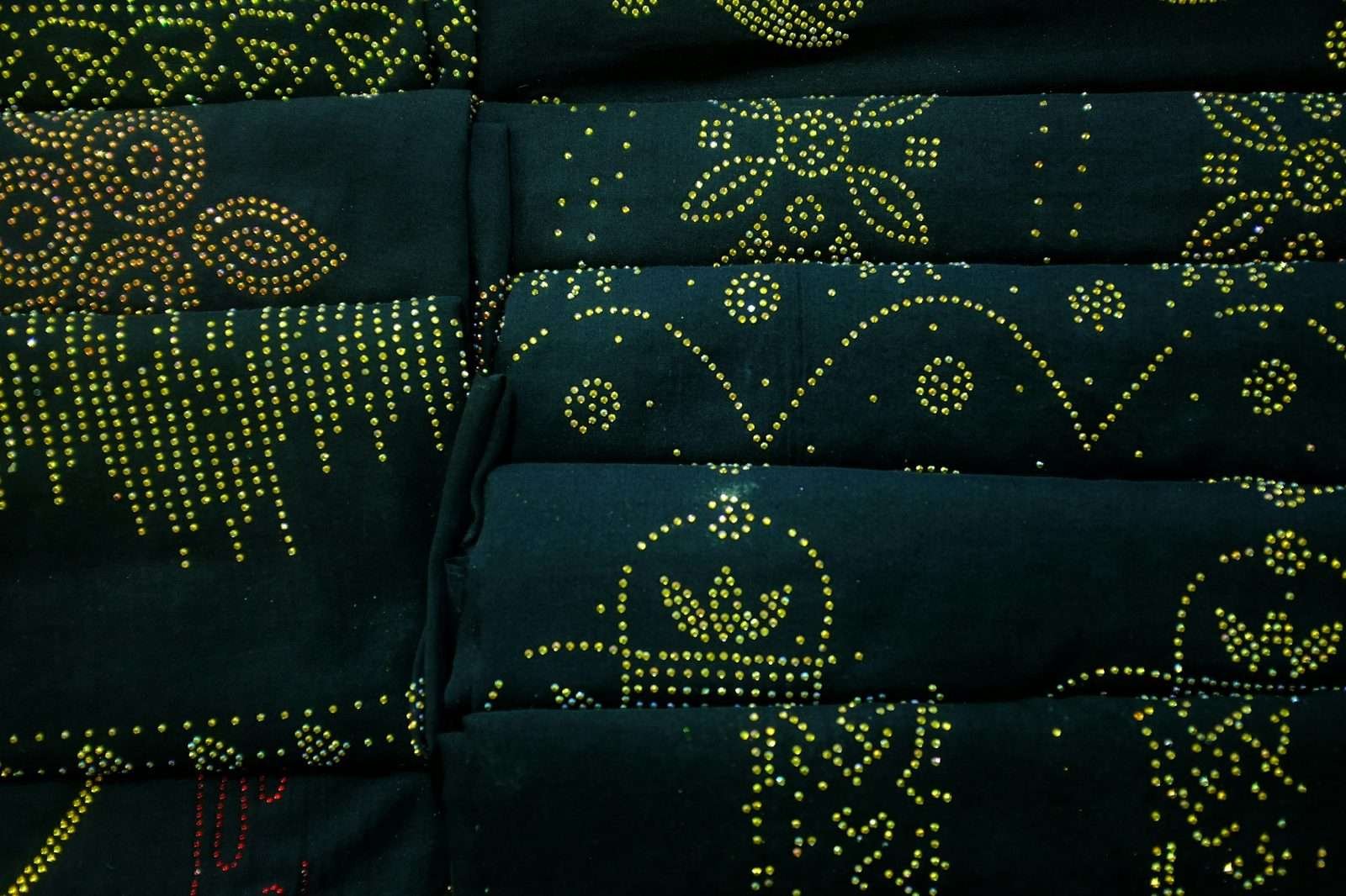 Illustrative image: dark fabric with yellow dot-pattern motifs