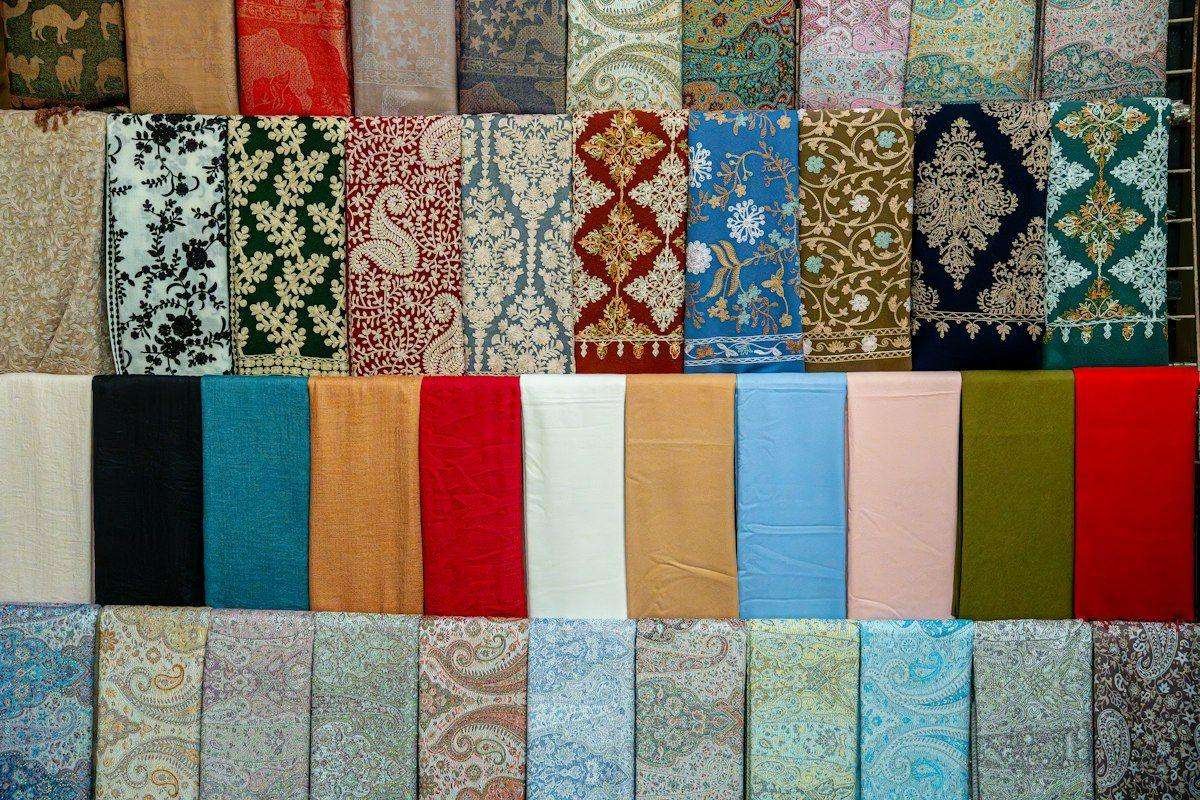 Illustrative image: wall of patterned fabric samples