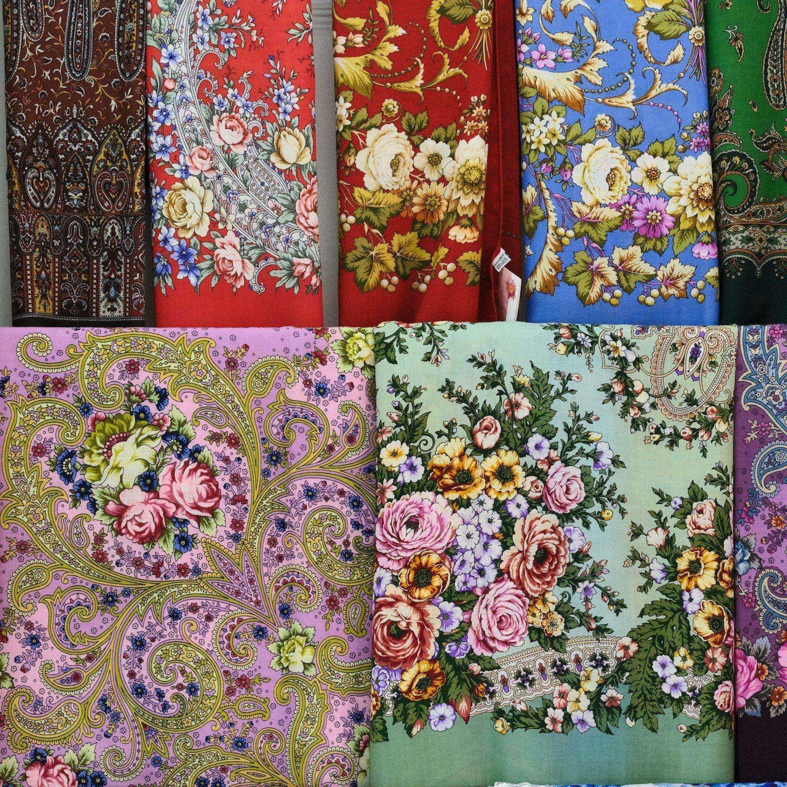 Illustrative image: floral printed textiles on display