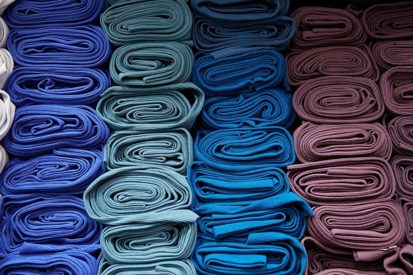 Illustrative image: rolled fabrics in blue and plum shades