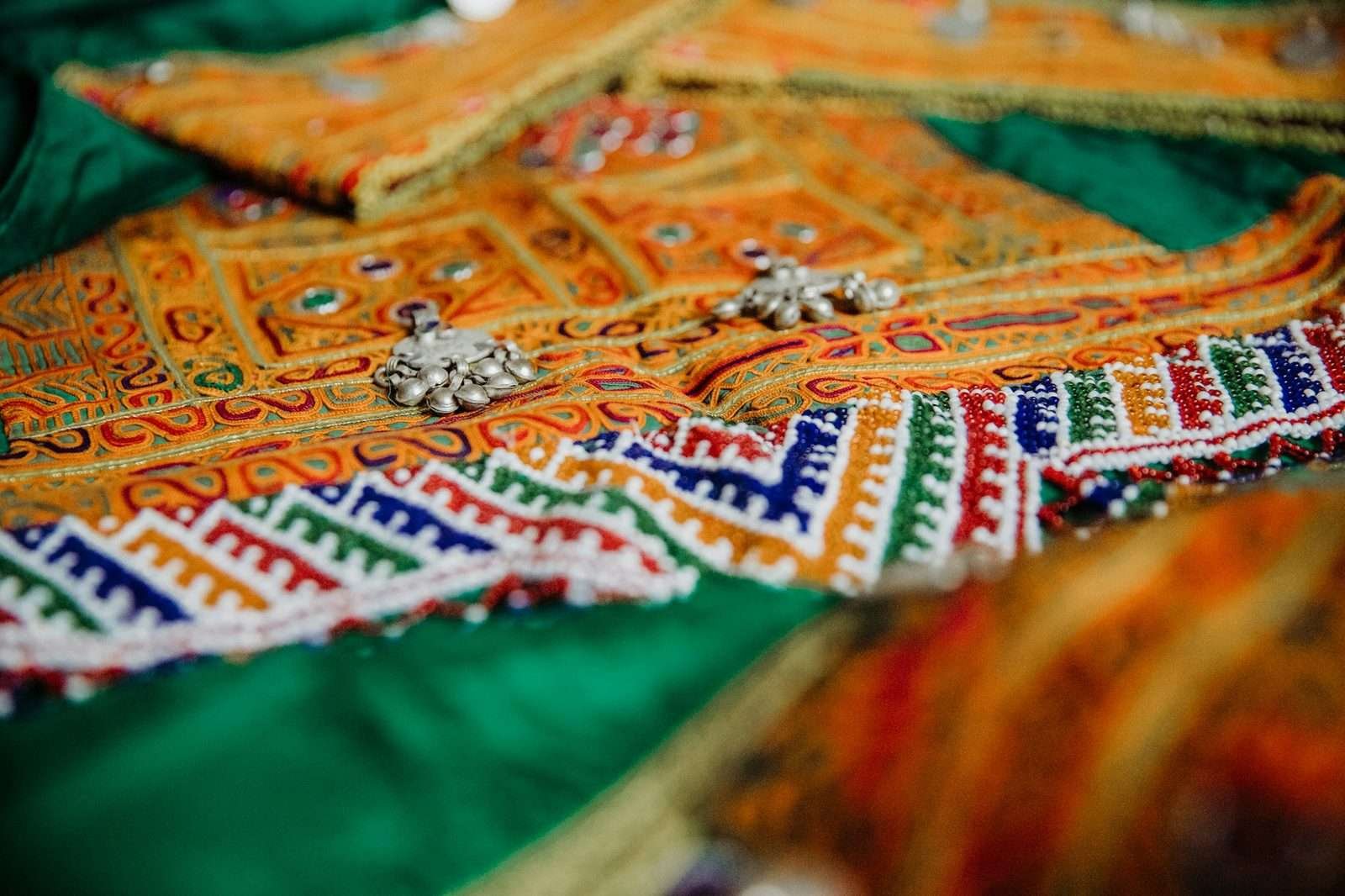 Illustrative image: colourful embroidered textile with small mirrors