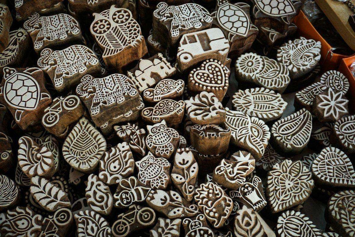 Illustrative image: carved wooden textile printing blocks